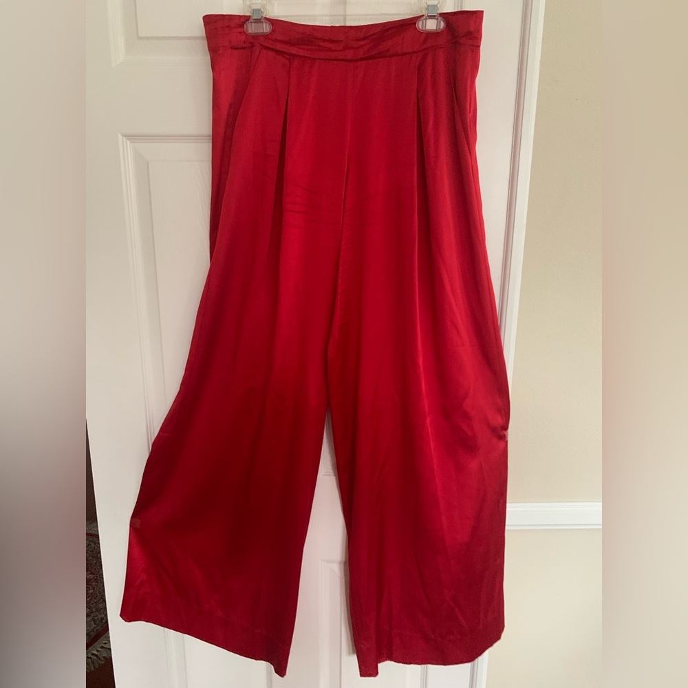 Donna Karan Silk Pants: Red, Wide-Leg, Side Pockets, Back Zip, Front Pleats, 10